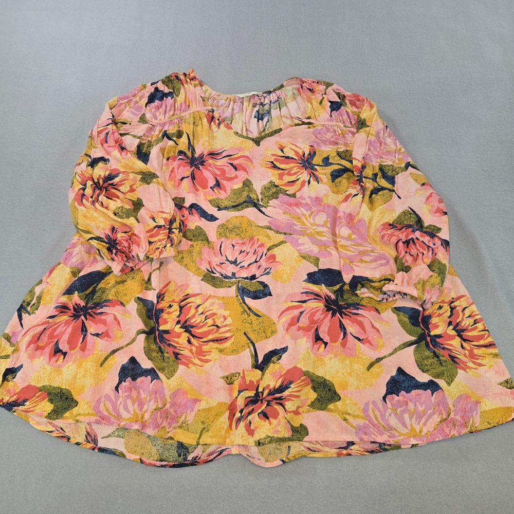 Terra & Sky Blouse Womens 1X Pink Yellow Floral 3/4 Sleeve Viscose Boho Peasant